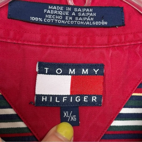 Vintage 90s Striped Button Down Shirt Sz XL Navy Red Green Preppy Tommy Hilfiger - Picture 7 of 7